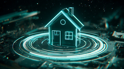 Digital hologram of a house floating above a futuristic interface with glowing concentric rings and circuitry background