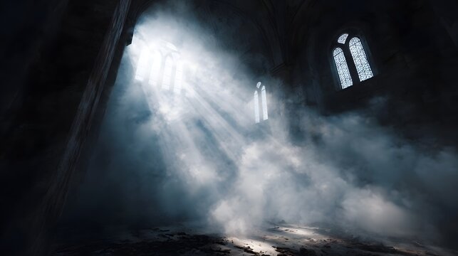 Ethereal light rays stream through of a dark abandoned gothic church illuminating dust motes - Powered by Adobe