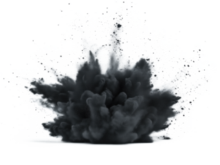 Black smoke explosion with dramatic cloud and particles on white background, clean PNG