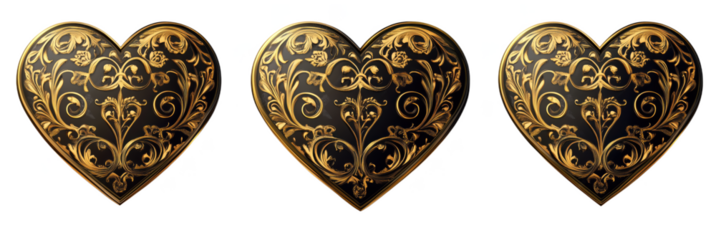 Elegant black and gold ornate heart designs for decorative purposes, minimal style PNG
