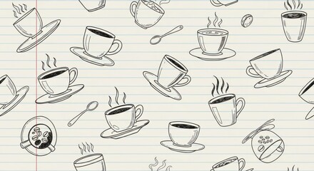 Charming coffee cup doodles on lined paper create a cozy, creative vibe perfect for cafe promotions and unique branding projects