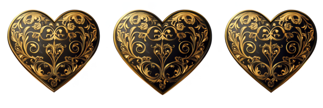 Elegant black and gold ornate heart designs for decorative purposes, minimal style PNG