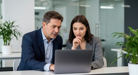 Obraz premium Two business people look at a laptop screen in an office setting.