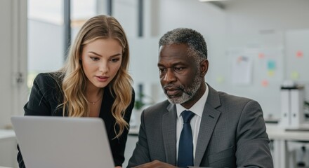 Obraz premium Two business people look at a laptop in an office setting.