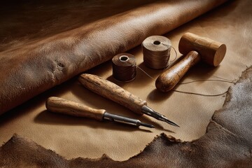 Traditional leather crafting tools with wooden handles, thread, and a roll of brown leather.