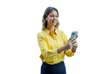 Young woman video calling using smartphone and wireless earbuds, communicating online, transparent background