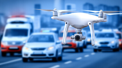 A white drone with a camera hovers above a busy urban road with vehicles in motion
