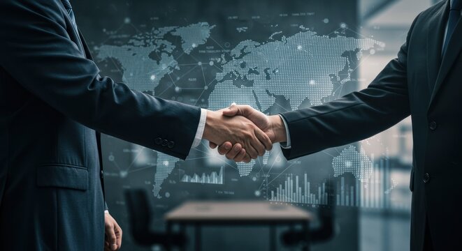 Two people shaking hands in front of a world map and data visualizations.