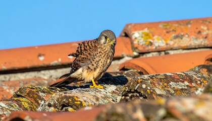 Falcon perched on terracotta roof tiles