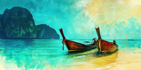 Longtail boats anchored in tranquil turquoise waters with dramatic cliffs in background, isolated on white background