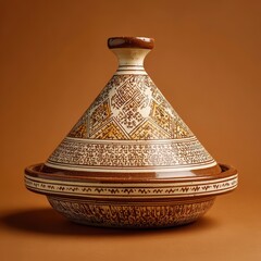 Traditional Moroccan Ceramic Tagine with Intricate Brown Patterns