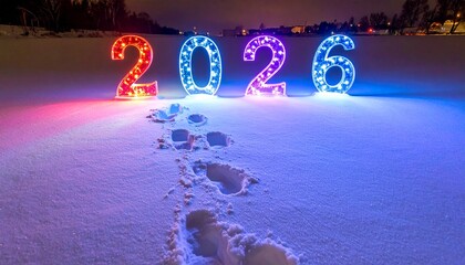 Footprints in snow leading to a glowing “2026” made of ice sculptures and fairy lights.
