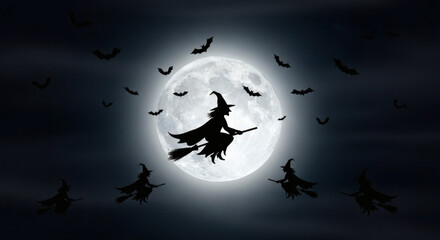 Full moon with witches flying on brooms, dark silhouette of a witch against the moon, bats flying in the background, spooky Halloween night