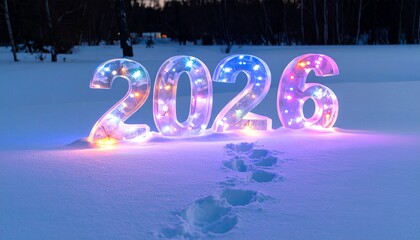 Footprints in snow leading to a glowing “2026” made of ice sculptures and fairy lights.
