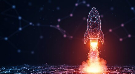 Digital rocket launching with network background representing technology innovation and startup.
