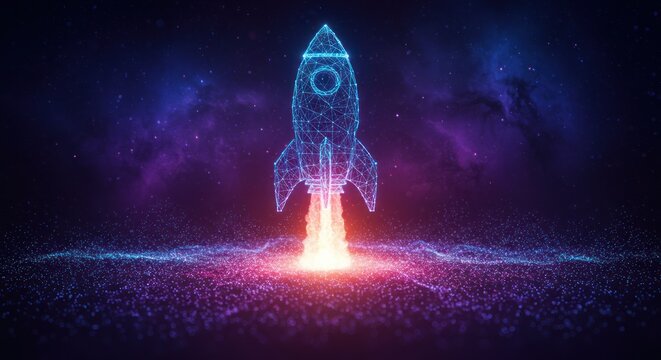 Digital rocket launches with glowing fire against a dark blue and purple background.