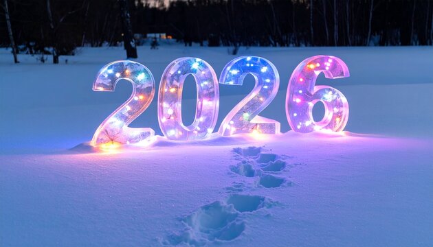 Footprints in snow leading to a glowing “2026” made of ice sculptures and fairy lights.
