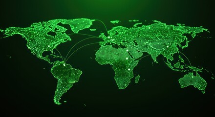 World map with green lights representing cities and connections on a dark background.