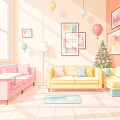 Obraz premium illustration living room modern colorful design room has large window side allowing natural light enter space walls painted light pink color floor light colored wood right side room yellow sofa blue