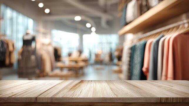 Light wood table surface in boutique fashion retail store. Blurred background. Shopping concept