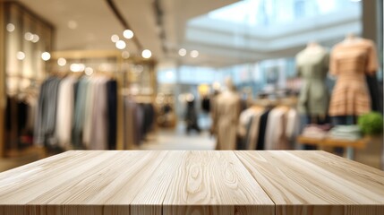 Light wood table surface in boutique fashion retail store. Blurred background. Shopping concept