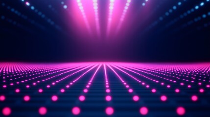 Obraz premium A vibrant, digital landscape of glowing pink dots, arranged in rows and illuminated by vibrant spotlights, creating a dynamic and futuristic scene.