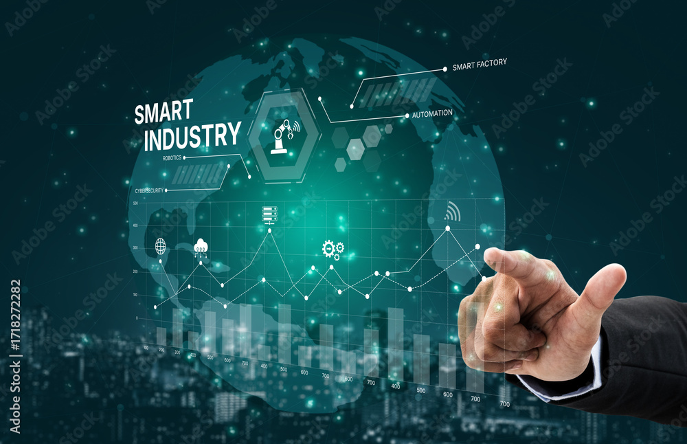 Poster smart industry dashboard combining automation, robotics, cloud integration, cybersecurity, and data 