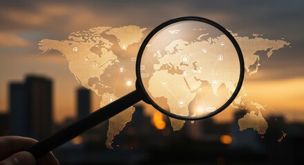 A magnifying glass focuses on a world map with city lights and buildings.