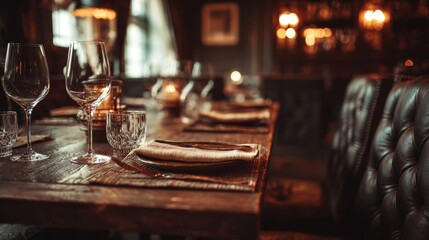 Dark wooden table with blurred upscale restaurant interior background
