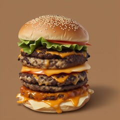 A towering triple cheeseburger with fresh toppings is presented against a warm brown background, showcasing its delicious layers