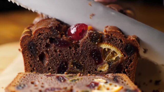 Deliciously moist chocolate fruitcake being sliced, showcasing vibrant ingredients inside