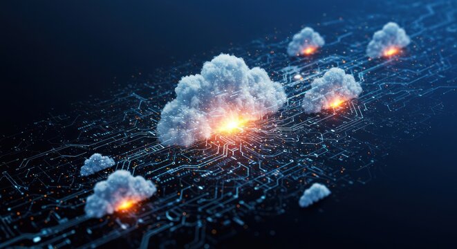 Abstract network of clouds connected by glowing lines on a dark background.