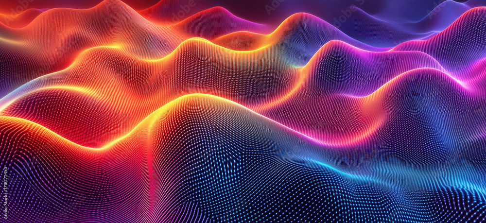 Poster colorful abstract wave patterns with glowing dots and gradients in 3d space, clean background photo