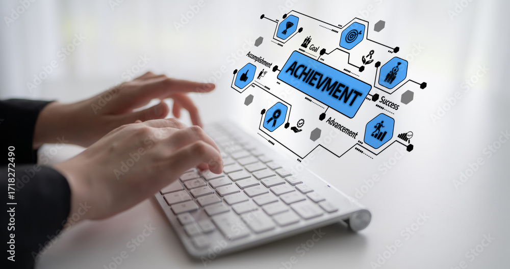 Poster a close-up of a person typing on a keyboard, featuring graphic elements that symbolize achievement a
