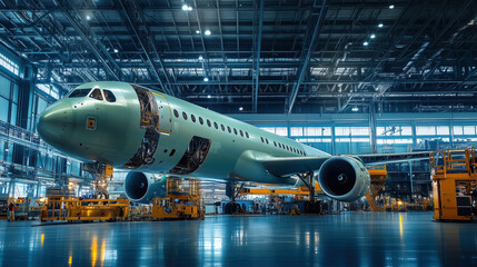 Aircraft assembly in modern hangar, detailed view of fuselage, minimal style photo