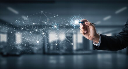 Hand interacts with digital network in a blurred office environment.