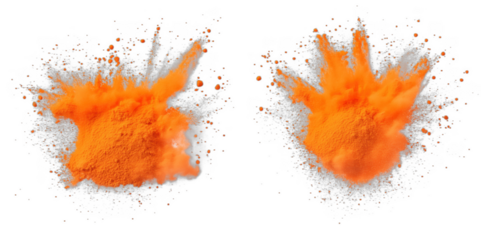 Vibrant orange powder explosion on white background showcasing dynamic texture and color, isolated on transparent background