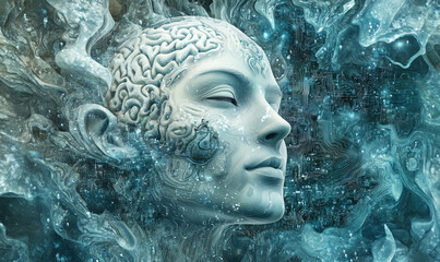 Surreal representation of a human head with a brain surrounded by abstract technology and water, image with copy space
