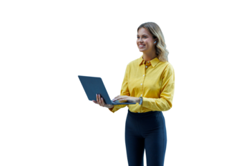 Businesswoman standing, looking away and smiling while using a laptop and wearing wireless earbuds, representing modern work