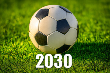 Futuristic soccer ball on lush green field with bold "2030" text