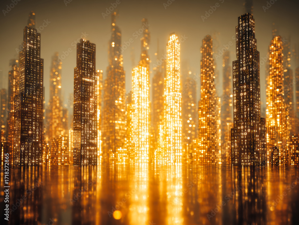 Poster futuristic digital cityscape with glowing skyscrapers and binary code reflections in a golden hue