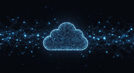 Digital cloud icon surrounded by glowing particles on a dark background.
