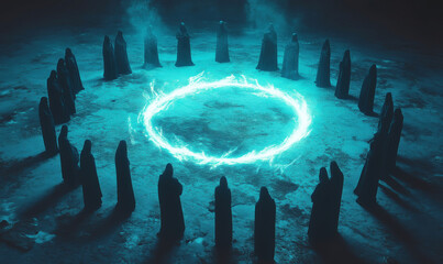 Mysterious ritual circle with cloaked figures and glowing energy in dark environment, isolated on white background