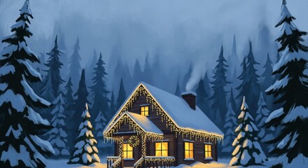 Cozy Cabin in Snowy Forest 