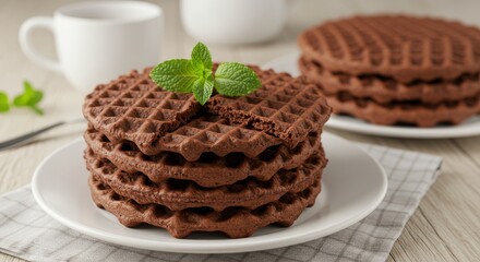A stack of chocolate waffles topped with a mint sprig, served on a white plate. A second stack and a white mug are blurred in the background.