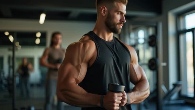 Fitness guy pumping up arm muscles. Bodybuilder training with a dumbbell in a modern fitness club. Sportsman doing workout with heavy weight. Vertical