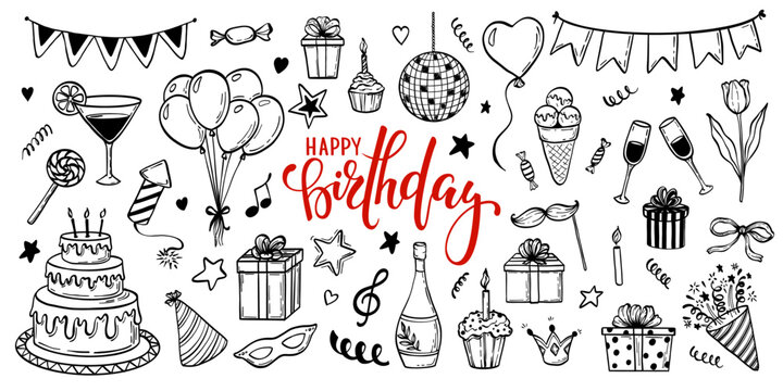 big set of hand drawn doodle cartoon objects and symbols on the birthday party. design holiday greeting card and invitation of wedding, Happy mother day, birthday, Valentine s day and holidays