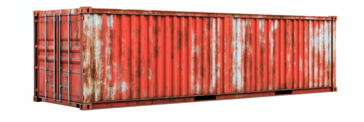 Rusty red shipping container with weathered texture and industrial design, PNG with copy space