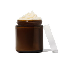Whipped beef tallow skincare in amber jar on white background with texture