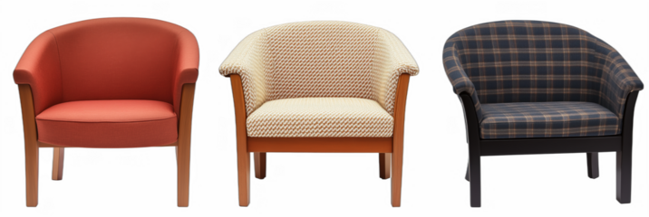 Stylish modern armchairs in vibrant colors and patterns for contemporary interiors, PNG with copy space